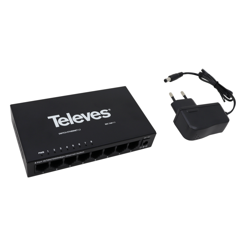 TELEVES - Gigabit Switch, 8 puertos 1000Mb No Gest.  RJ45 caja metal